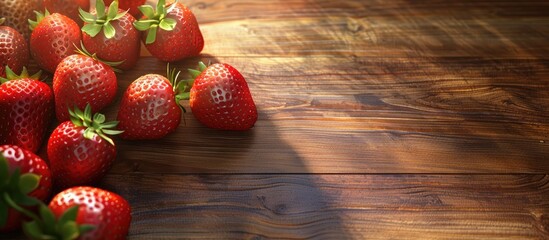 Canvas Print - Colorful background with ripe strawberries on a wooden board ideal for copy space image