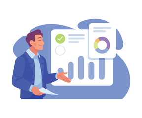 Aufkleber - Business Process with Man Busy with Analytics Vector Illustration