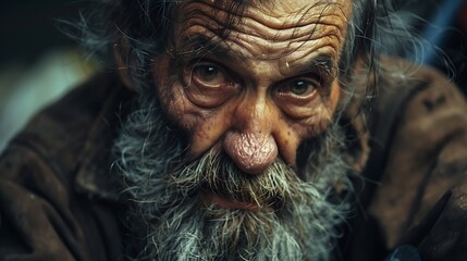 Poster - A close-up portrait of an elderly man with a weathered face and expressive eyes.