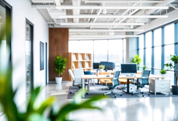 Modern bright office interior with furniture and daylight. Blurred background., ai