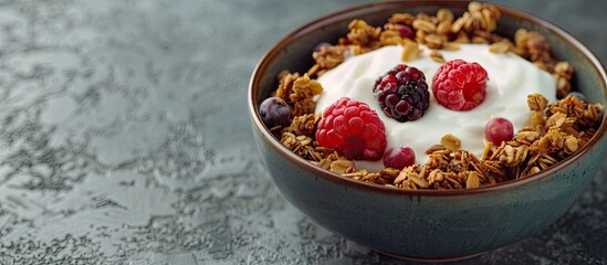 Aufkleber - Closeup shot of a bowl of delicious granola with yogurt and berries on a textured grey table perfect for including copy space image