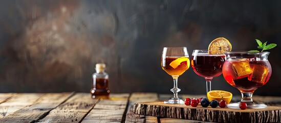 Poster - Various delectable liqueurs displayed in glasses on a rustic wooden table with available space for a text overlay on a copy space image