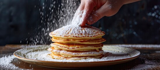 Poster - An anonymous hand sprinkles powdered sugar over a stack of pancakes with a clear area for additional text or images in the picture