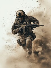 Equipped soldier charging through dusty battlefield.