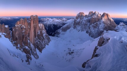 Panoramic view of the Cadini di Misurina and Sorapis mountain ranges in Tre Cime di Lavaredo National Park, Italy.