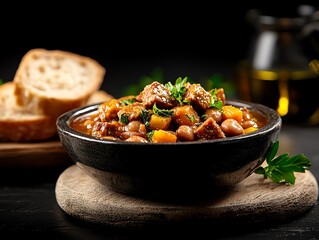 Sticker - A hearty serving of fabada asturiana, a traditional Spanish bean stew with chorizo and morcilla, served in a rustic bowl with crusty bread on the side