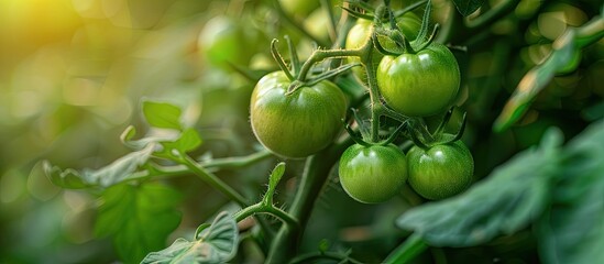 Aufkleber - In a greenhouse garden a young tomato plant with green unripe tomatoes grows creating a picturesque scene with copy space image
