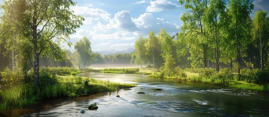 Poster - Scenic summer landscape with greenery trees river creating a picturesque panoramic view perfect for a copy space image