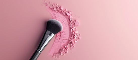 Canvas Print - An elegant makeup brush is placed on a universal tone blush swatch against a pastel background creating a copy space image Top view showcases product design