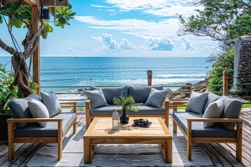 Wall Mural - Coastal Outdoor Wooden Furniture Set with Grey Cushions, Teakwood Table, and Ocean View, Perfect for Beachside Relaxation