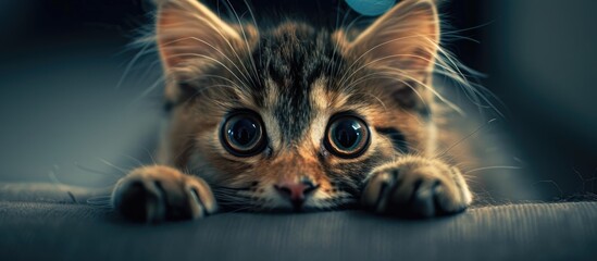 Poster - Adorable feline gazing directly at you with a soft background and plenty of copy space image
