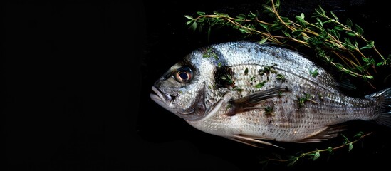 Canvas Print - Top view of a fresh sea bream dorado fish with herbs on a black background allowing for copy space image