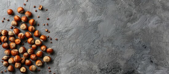 Canvas Print - Top view of roasted hazelnuts on a gray stone surface with copy space image