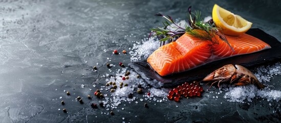 Poster - A fresh salmon fillet on a table with a red fish creating a seafood meal displayed with copy space image background