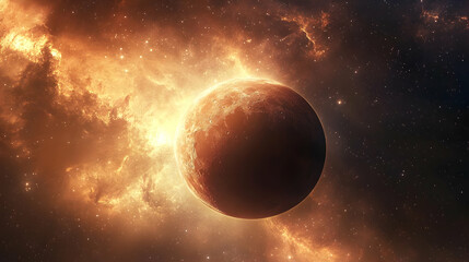 Wall Mural - A fiery orange planet in a swirling nebula of stars and gas.