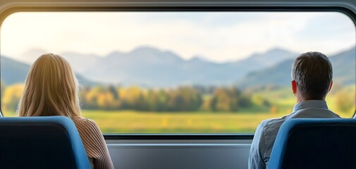 a serene train journey capturing two passengers enjoying a beautiful landscape through the window as