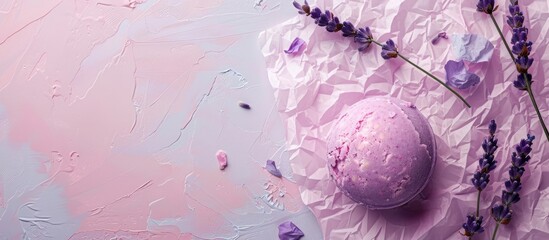 Poster - Colorful background with lavender bath bomb and crumpled paper ideal for copy space image