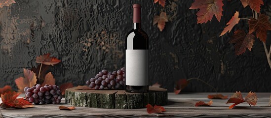 Poster - Red wine bottle with blank label old tree stump grapes and dried vine leaves in the backdrop perfect for copy space image