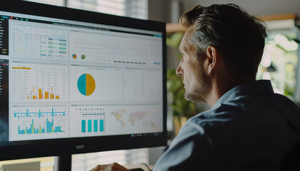 Canvas Print - A man is sitting in front of a computer monitor with a lot of graphs