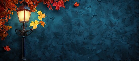 Poster - Autumn night view with illuminated yellow and red maple leaves under a street lamp background for copy space image