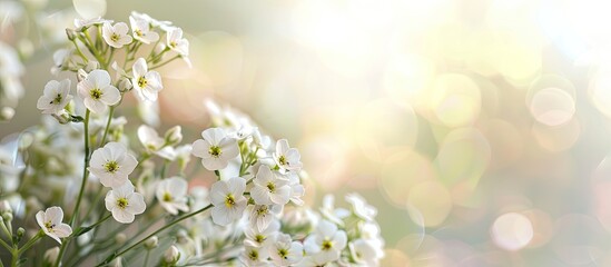 Poster - Alyssum s small white flowers against a blurred light background with copy space image