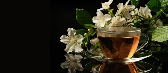 Poster - A cup of jasmine tea and fresh jasmine blooms against a black backdrop with available copy space image
