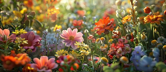Poster - A vibrant garden filled with various summer flowers creating a scenic background with a focus on a single flower in a close up view in the center perfect as a copy space image