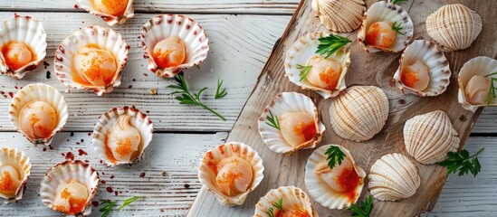Poster - Scallops arranged on a wooden surface with a white backdrop seen from above offering a clear space for text or additional elements in the image
