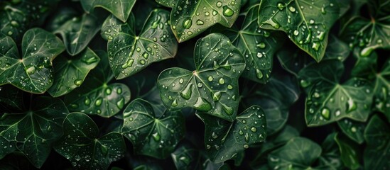 Poster - Close up macro shot of rain kissed ivy leaves serving as a nature background for design with a freshness concept providing a copy space image