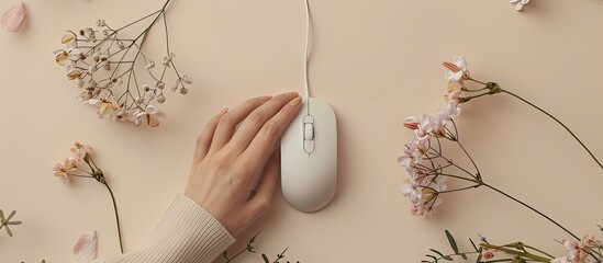 Aufkleber - Top view of a woman using a contemporary wired computer mouse on a light background with copy space image available