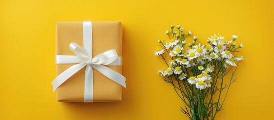 Poster - Top view of a gift box with a white ribbon and a bunch of Chamomile flowers on a bright yellow backdrop Perfect for Mother s Day birthdays or anniversaries with space for an image. Creative banner
