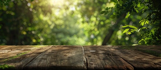 Poster - A wooden table with a blurred green forest background provides ample copy space for showcasing advertising products