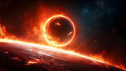 Wall Mural - A fiery planet engulfed in flames orbits a distant star, creating a spectacle of cosmic chaos.