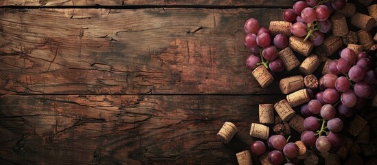 Poster - Top view of wine corks arranged like grapes on a wooden table with available copy space image