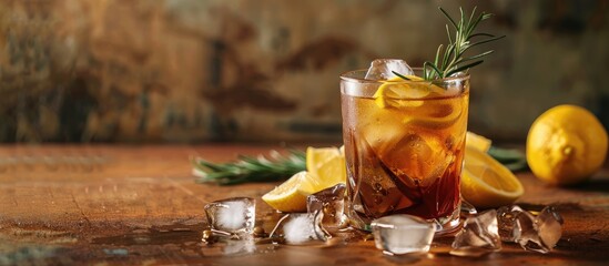 Aufkleber - Fresh and refreshing iced tea or cocktail adorned with ice rosemary sprigs and lemon slices resting on a vintage brown table ideal for a copy space image