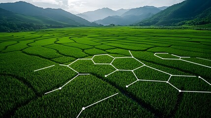 Aerial view of lush green rice fields with abstract hexagonal patterns overlay.