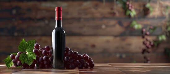 Poster - Red wine bottle next to grapes on a wooden surface with copy space image available