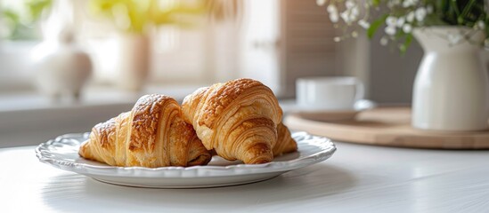 Poster - Croissant pastry displayed on a white table in a bright and inviting setting ideal for recipes articles catalogs or commercial use with available copy space image