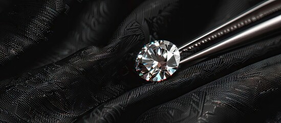 Poster - Close up of tweezers with a sparkling diamond set against a black fabric background with ample copy space image