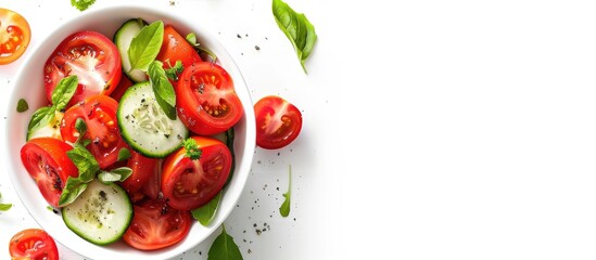 Canvas Print - Fresh vegetable salad with tomato and cucumber in a bowl on white backdrop with copy space image