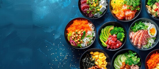 Poster - Various poke bowl varieties showcased in a top view image with a blue background with plenty of copy space for additional text or graphics