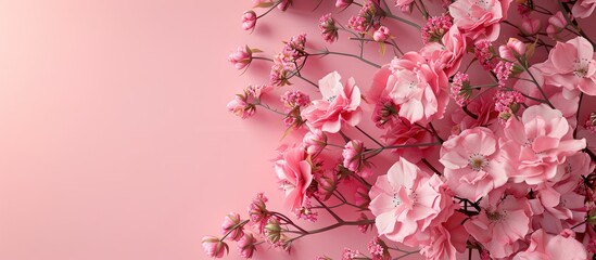 Fototapete - Pink shrub rose Pierre de Ronsard bouquet on pink backdrop with copy space image
