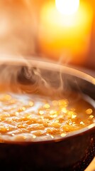 Wall Mural - Closeup of a traditional French onion soup in a rustic ceramic bowl, bubbling gruyere cheese melting over the edges, steam rising in a cozy, candlelit dining room