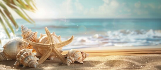 Fototapete - A summer themed setting with seashells or starfish on a table providing a backdrop for text in a copy space image
