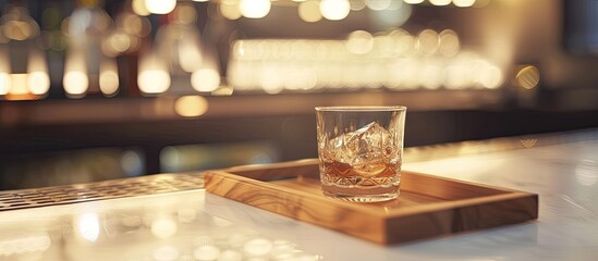Leinwandbilder - Wooden tray with a cocktail glass on a white table against a blurred bar background providing copy space for other items