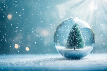 Festive empty glass transparent ball with Christmas tree inside on it. Blue background with white snowflakes and rays of light. Copy space