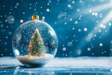 Festive empty glass transparent ball with Christmas tree inside on it. Blue background with white snowflakes and rays of light. Copy space