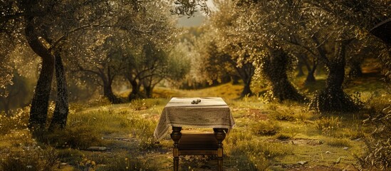 Poster - A rustic table with a tablecloth set against an olive tree grove provides a serene copy space image