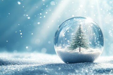 Festive empty glass transparent ball with Christmas tree inside on it. Blue background with white snowflakes and rays of light. Copy space