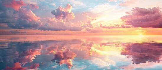 Poster - Scenic view of a calm lake mirroring vibrant clouds offering a tranquil setting with ample copy space image